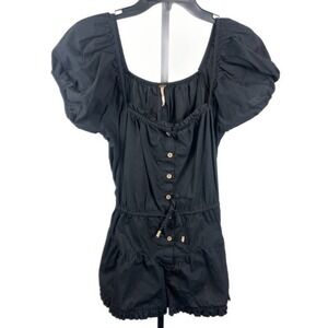 Free People Black Romper Womens Button Front‎ Square Neck Puff Sleeve Size Small